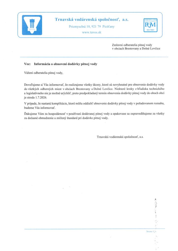 INFORMÁCIA O&nbsp;OBNOVENÍ DODÁVKY PITNEJ VODY OD&nbsp;FIRMY TAVOS